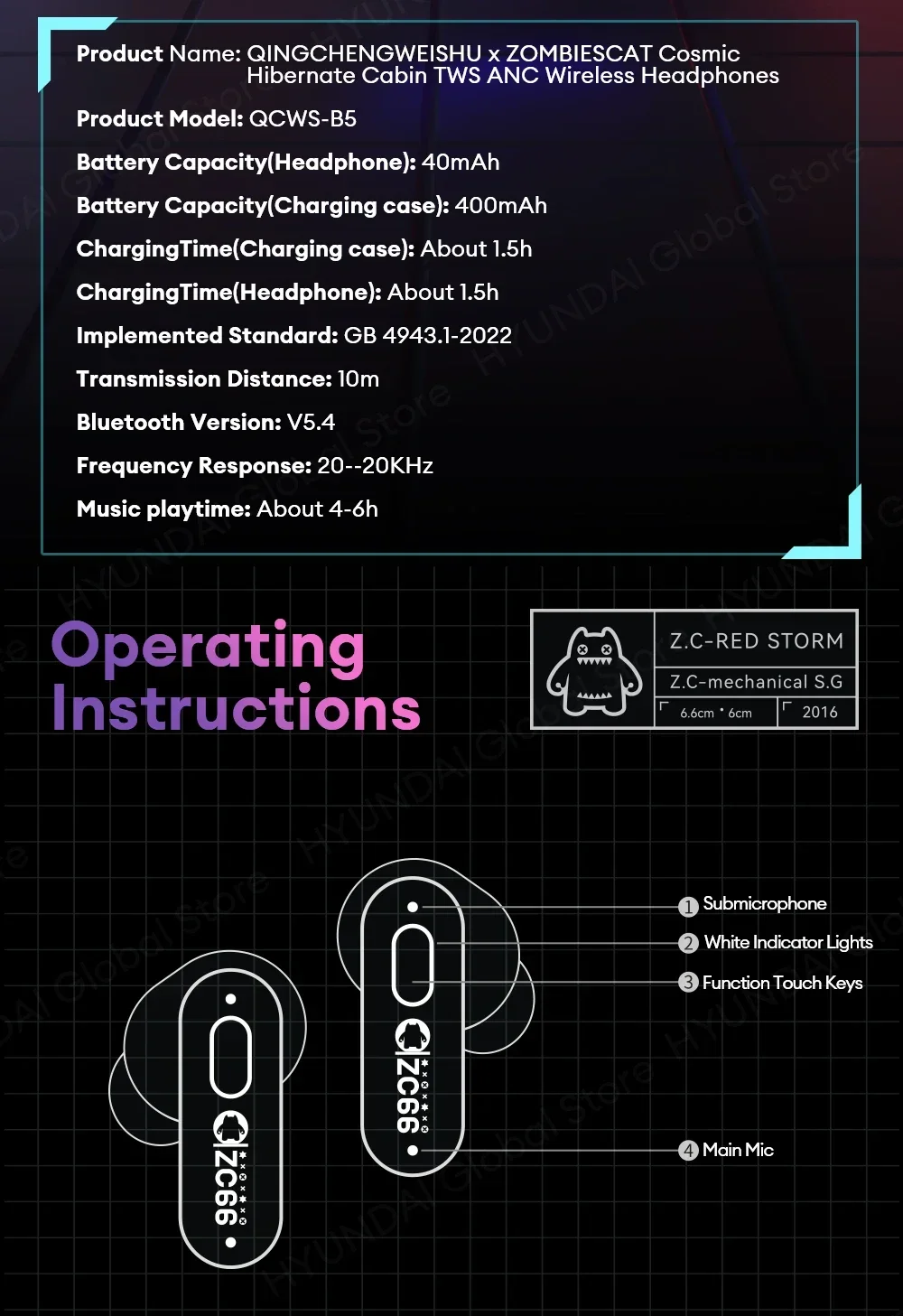 ZOMBIESCAT B5 RGB Light-in-Ear Earphones Wireless Bluetooth Earbuds ANC Active Noise Cancellation Headphones Gaming Low Latency ZOMBIESCAT B5 RGB Light in-Ear Earphones Wireless Bluetooth Earbuds ANC Active Noise Cancellation Headphones Gaming Low Latency