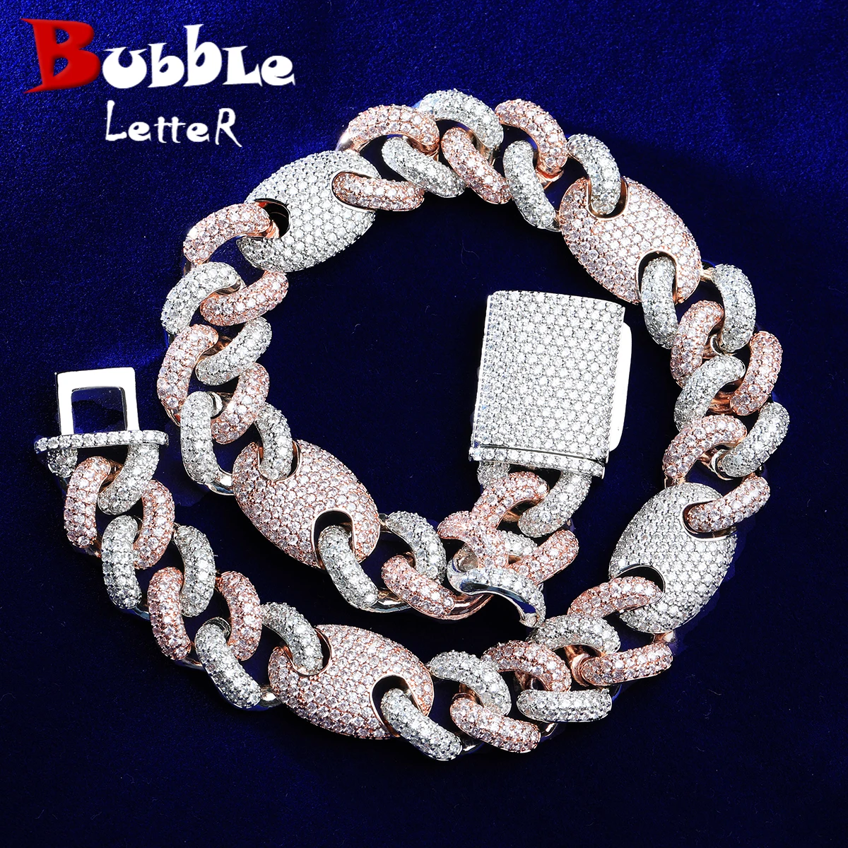 

Bubble Letter Iced Out Cuban Link Chain for Men Two Tone Prong Necklace Real Copper Cubic Zirconia Hip Hop Jewelry