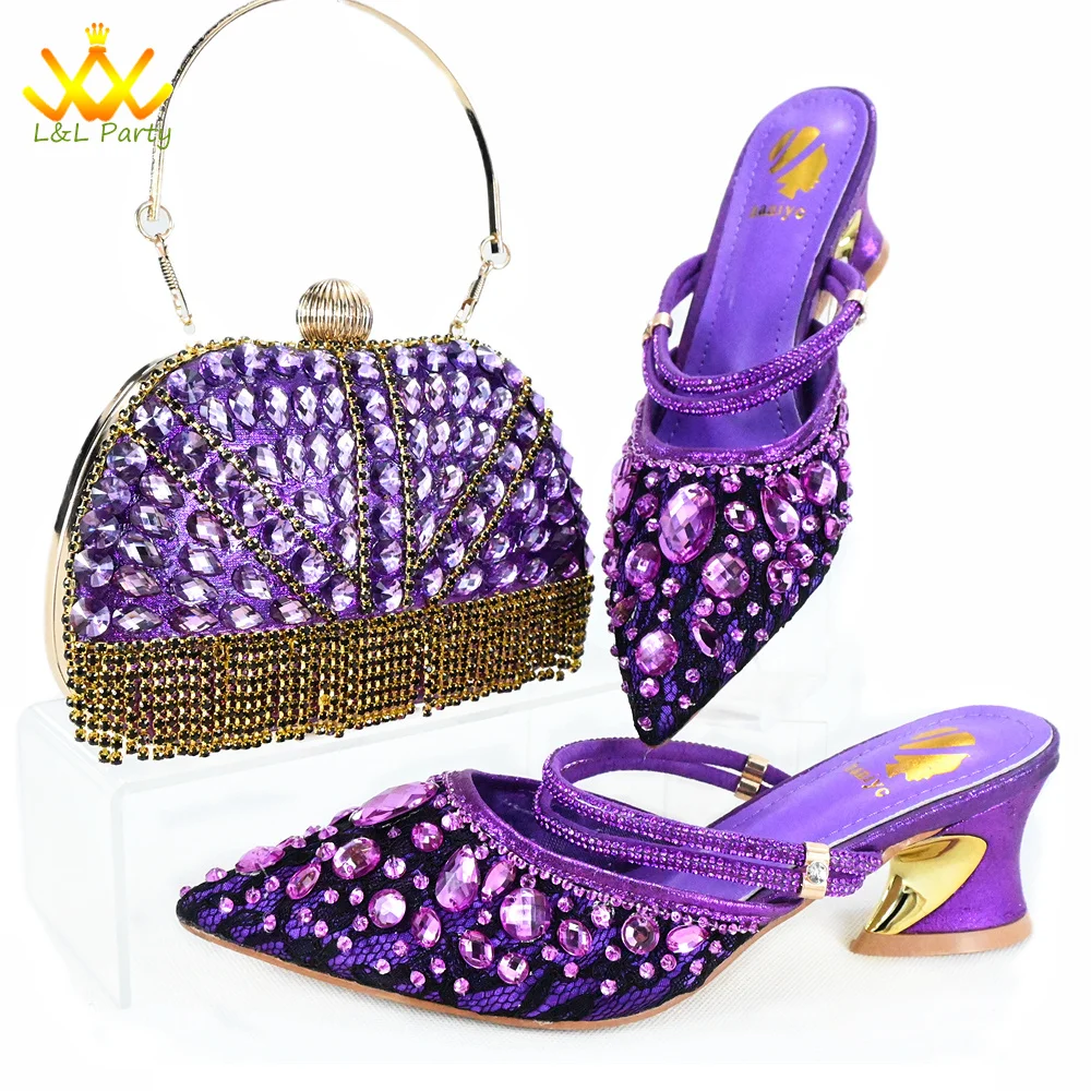 

2024 Fashion New Arrivals Spring Summer Design Italian Women Shoes Matching Bag Set in Purple Color with Shinning Crystal for Pa