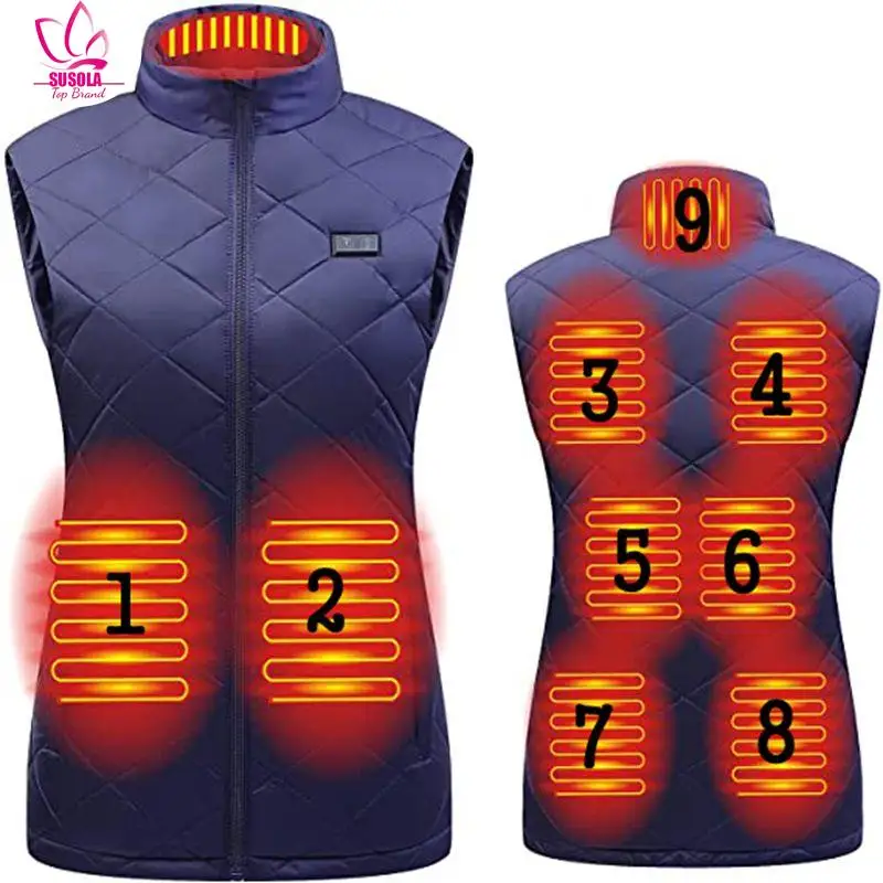 

SUSOLA Women 9-zone dual switch Heating Vest Autumn Winter Cotton Vest USB Infrared Electric Heating suit Flexible Thermal Vest