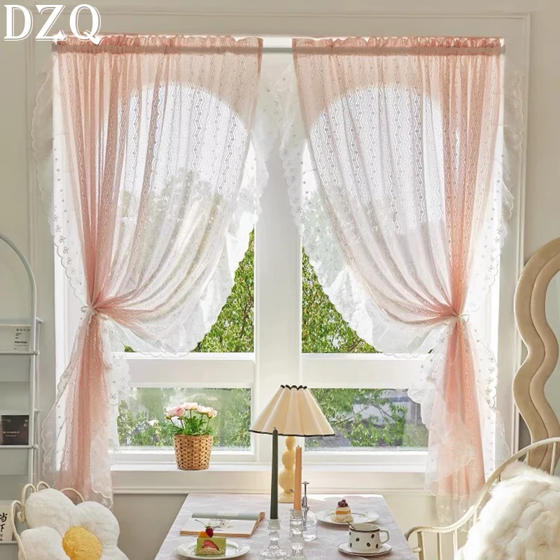 

Idyllic Geometric Wave Lace Tulle Curtains for Living Room White/Pink Warp Ruffled Gauze Curtains for Kitchen Bedroom #A516