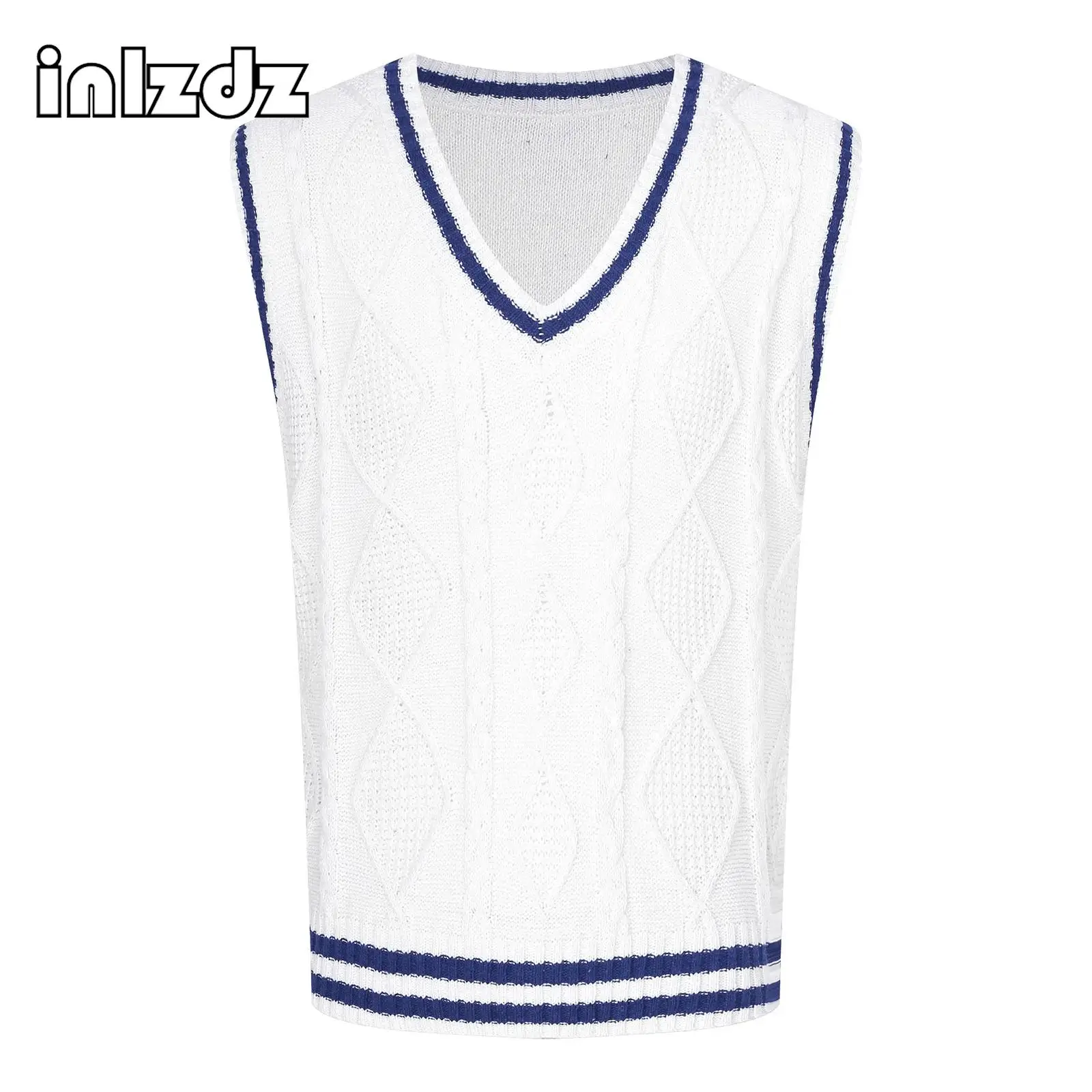 

Mens Fashion Argyle Sweater Vest Knitwear Casual Contrast Color V Neck Sleeveless Knitted Pullover Streetwear