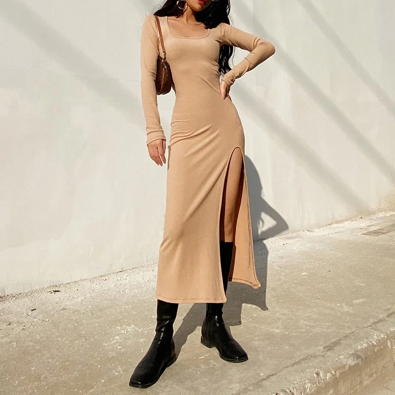 Женское облегающее платье-миди с квадратным вырезом, обтягивающее платье в рубчик с высоким разрезом сбоку и длинными рукавами 
Женское облегающее платье-миди с квадратным вырезом, обтягивающее платье в рубчик с высоким разрезом сбоку и длинными рукавами