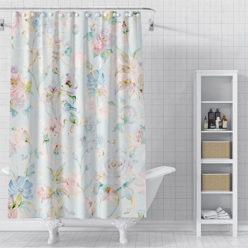 

European Rose Shower Curtain Floral Print Dry Wet Separation Shower Curtain Fabric Shower Curtain Hook Home Decoration
