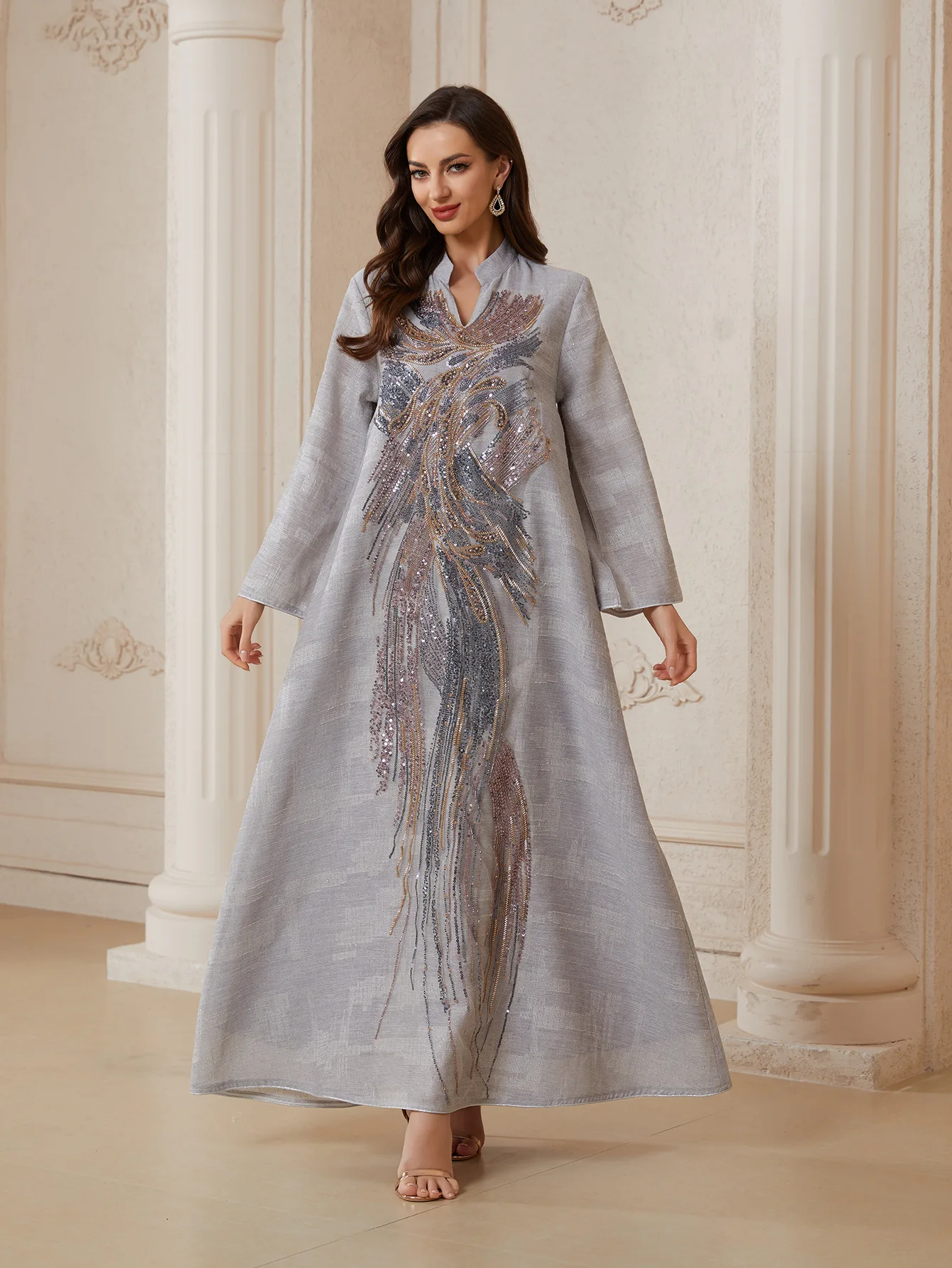 فستان سهرة فاخر للنساء من يوني دبي مطرز بالترتر مع أكمام شبكية وياقة على شكل V مزين بالخرز قفطان مغربي للسيدات 2025 فستان سهرة فاخر للنساء من يوني دبي مطرز بالترتر مع أكمام شبكية وياقة على شكل V مزين بالخرز قفطان مغربي للسيدات 2025