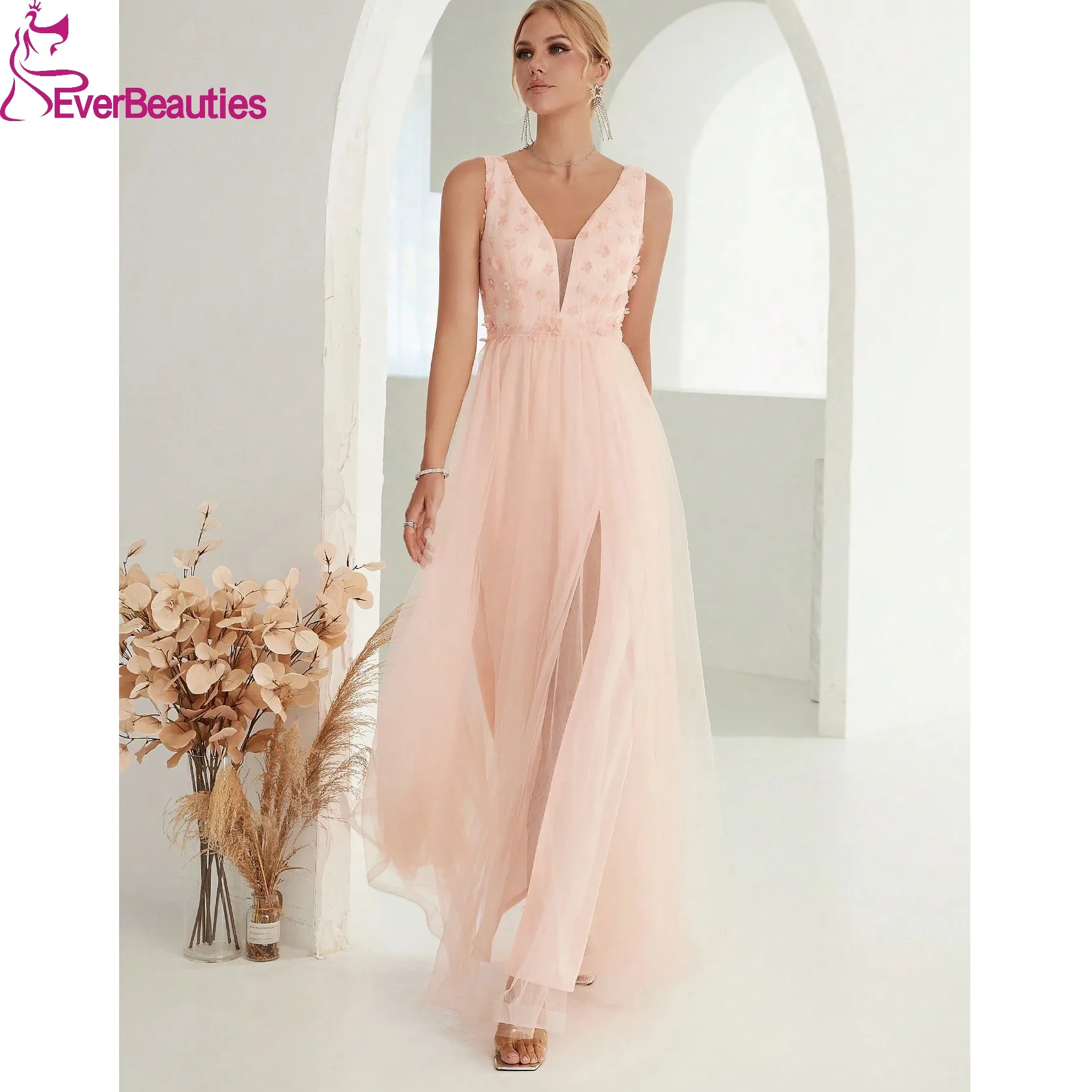 

A Line Prom Dresses Long Side Slit Vestidos Para Eventos Especiales Tulle Beaded Party Dress 2024 V Neck Vestidos De Gala