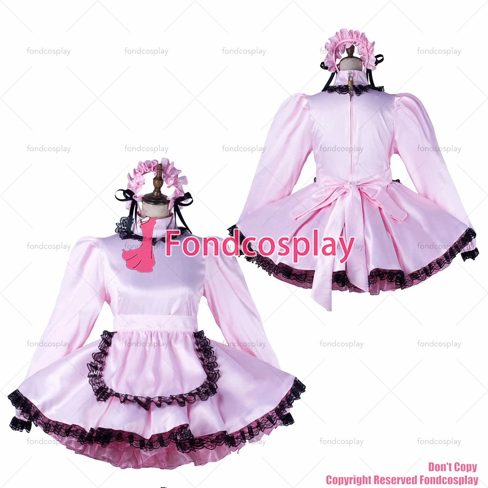 

fondcosplay adult sexy cross dressing sissy maid short baby pink satin dress lockable Uniform apron costume CD/TV[G2197]