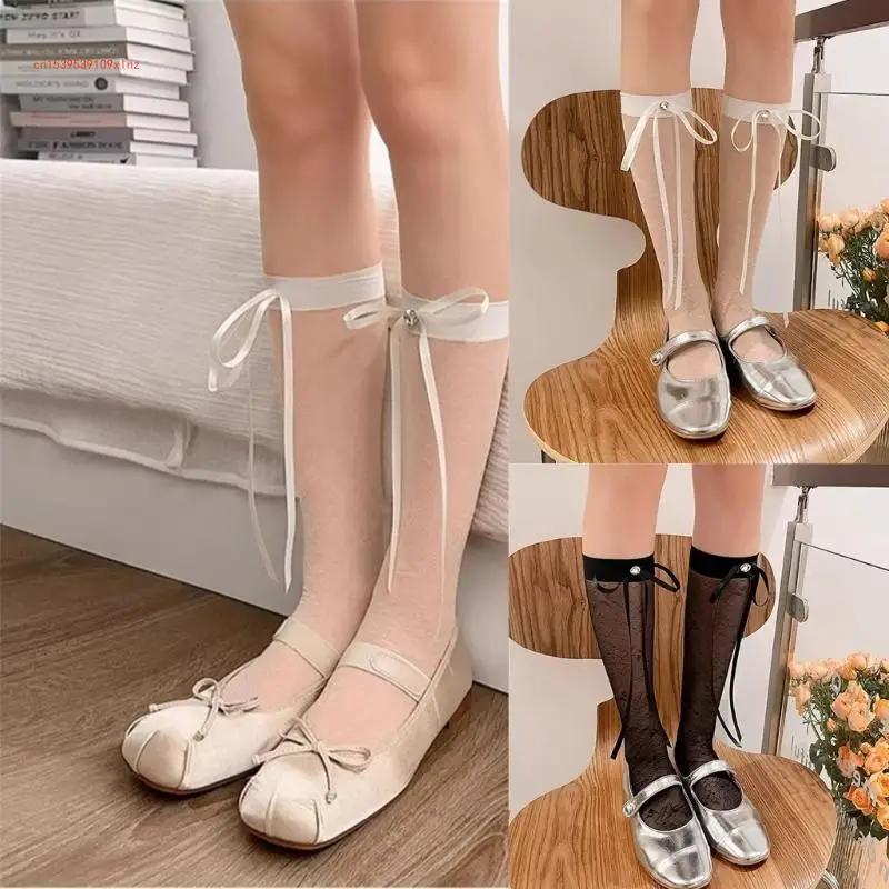 

Fashion Women Casual Sheer Mesh Rose Jacquard Over Calf Socks Korean Rhinestones Bowknot Knee Length Stockings