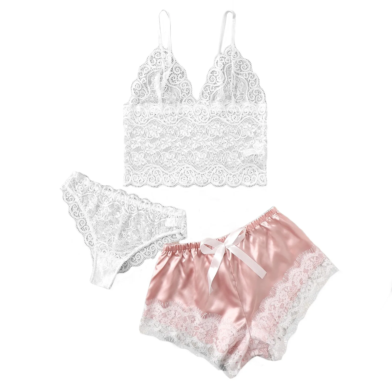 3PC Women Satin Lace Camisole Bowknot Shorts Set Sleepwear Pajamas Lingerie Bikini