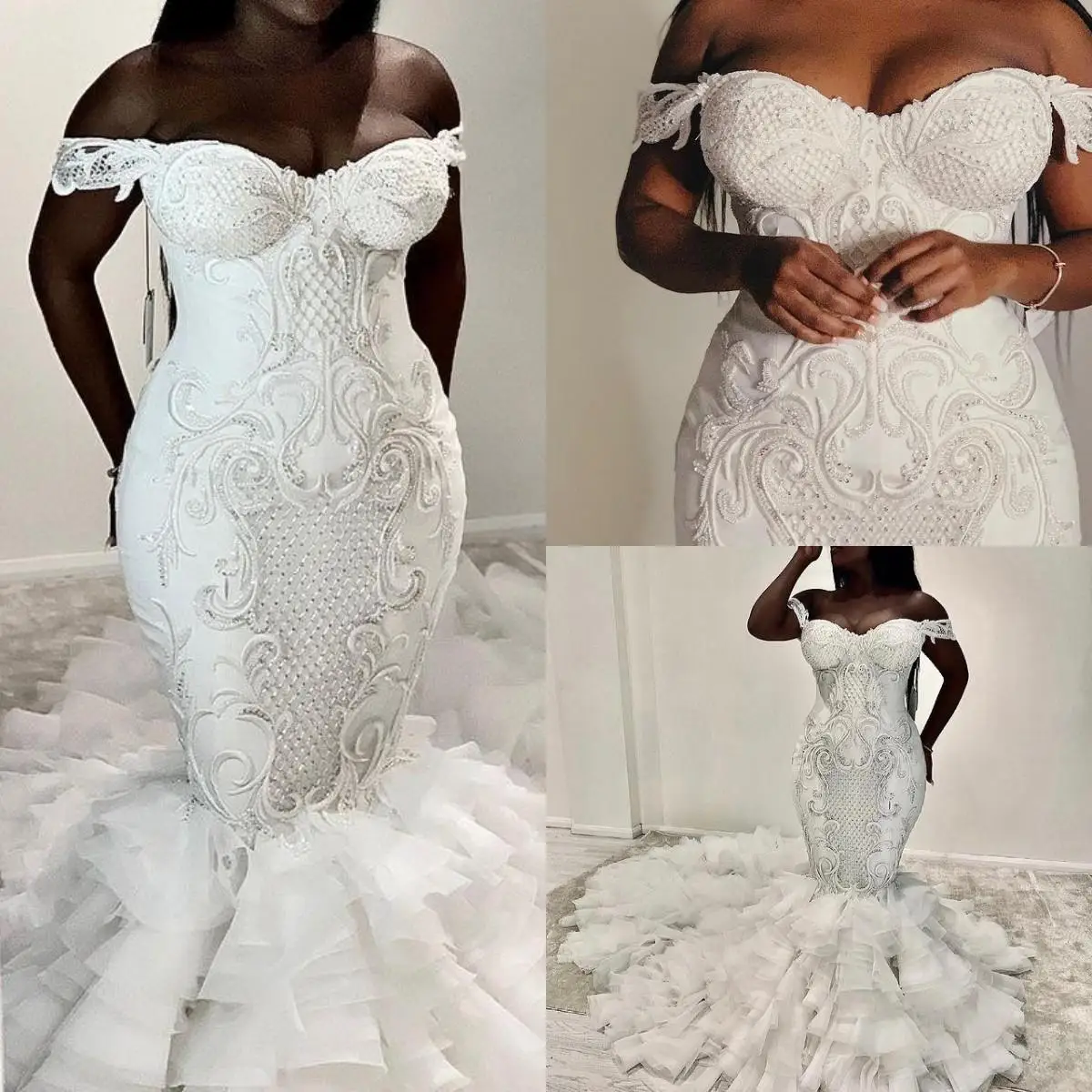 Plus Size Mermaid Wedding Dresses Bridal Gowns Lace Appliqued Beaded Off The Shoulder Tiered Skirts Ruffles Vestido De Noiva
Plus Size Mermaid Wedding Dresses Bridal Gowns Lace Appliqued Beaded Off The Shoulder Tiered Skirts Ruffles Vestido De Noiva