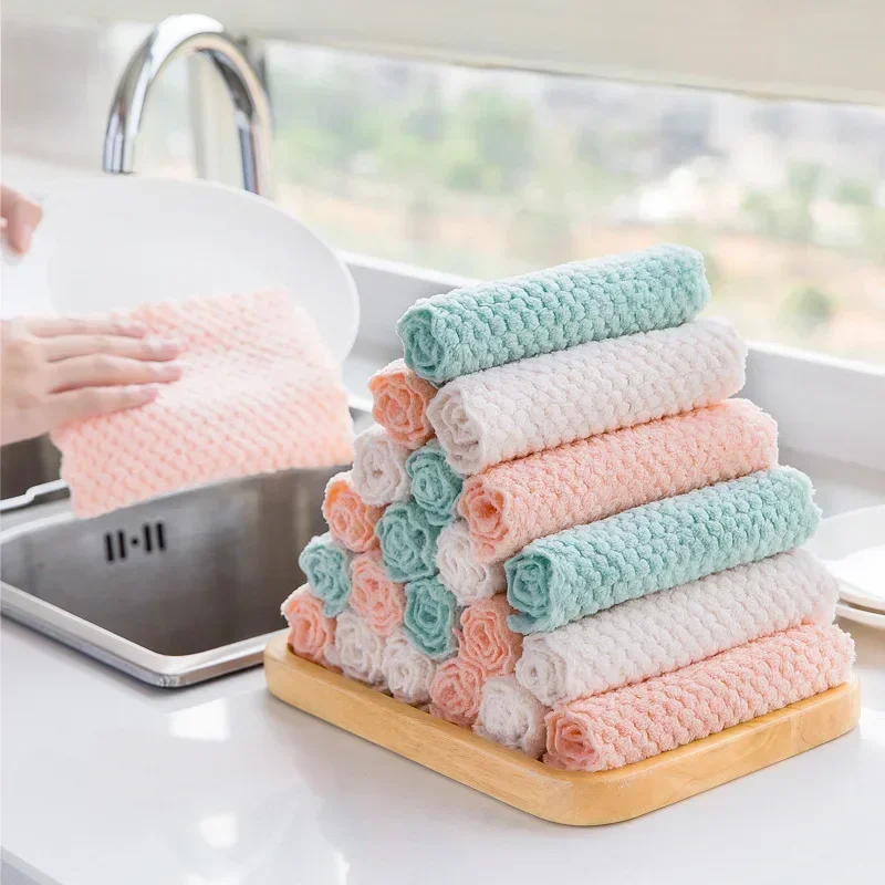 

5/10pcs Dish Cleaning Towel Pineapple Grid Coral Fleece Cloth Household Kitchen Cleaning Cloth Non-stick Oil Fast Drying