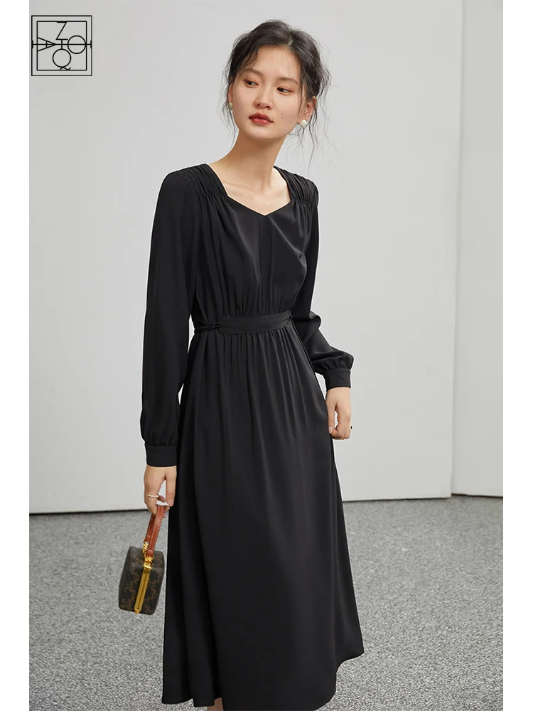 

ZIQIAO Hepburn Graceful Style Chiffon Square Neck Dress Women 2022 Fall New Waist Thin Commuter Female Black Long Skirts