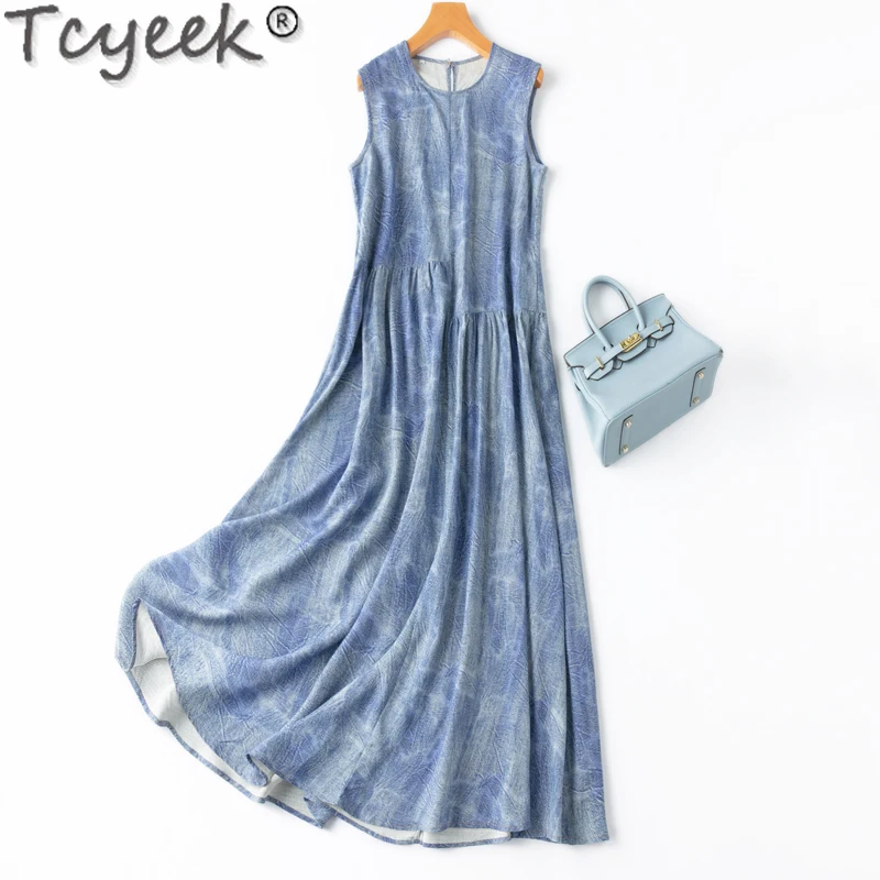 

Tcyeek 70% Mulberry Silk+30% Cotton Dress 2024 Fashion Maxi Dresses for Women Summer Clothes Sleeveless Dress Vestido Feminino