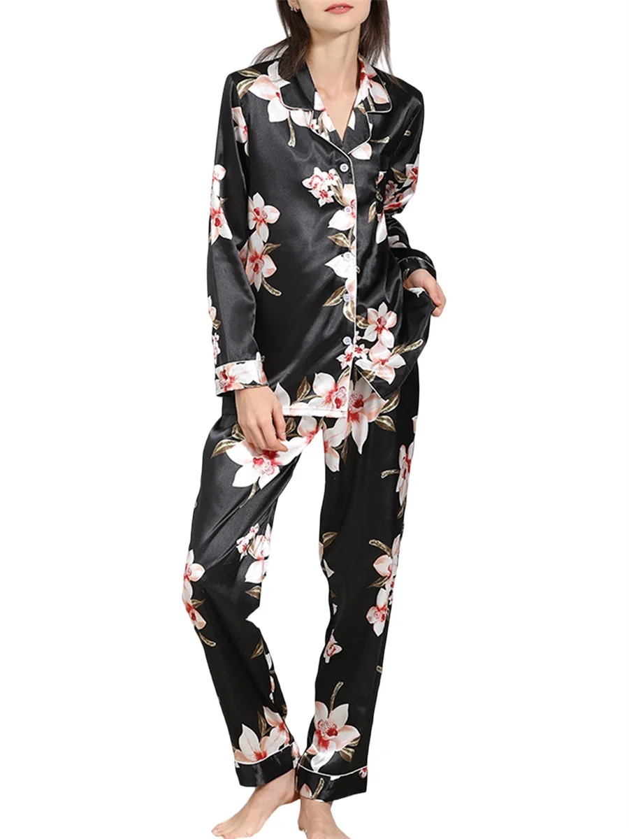 Women Imitation Silk Pajamas Lounge Set Long Sleeve Shirts Tops and Pants 2 Piece Loungewear Outfits
Women Imitation Silk Pajamas Lounge Set Long Sleeve Shirts Tops and Pants 2 Piece Loungewear Outfits