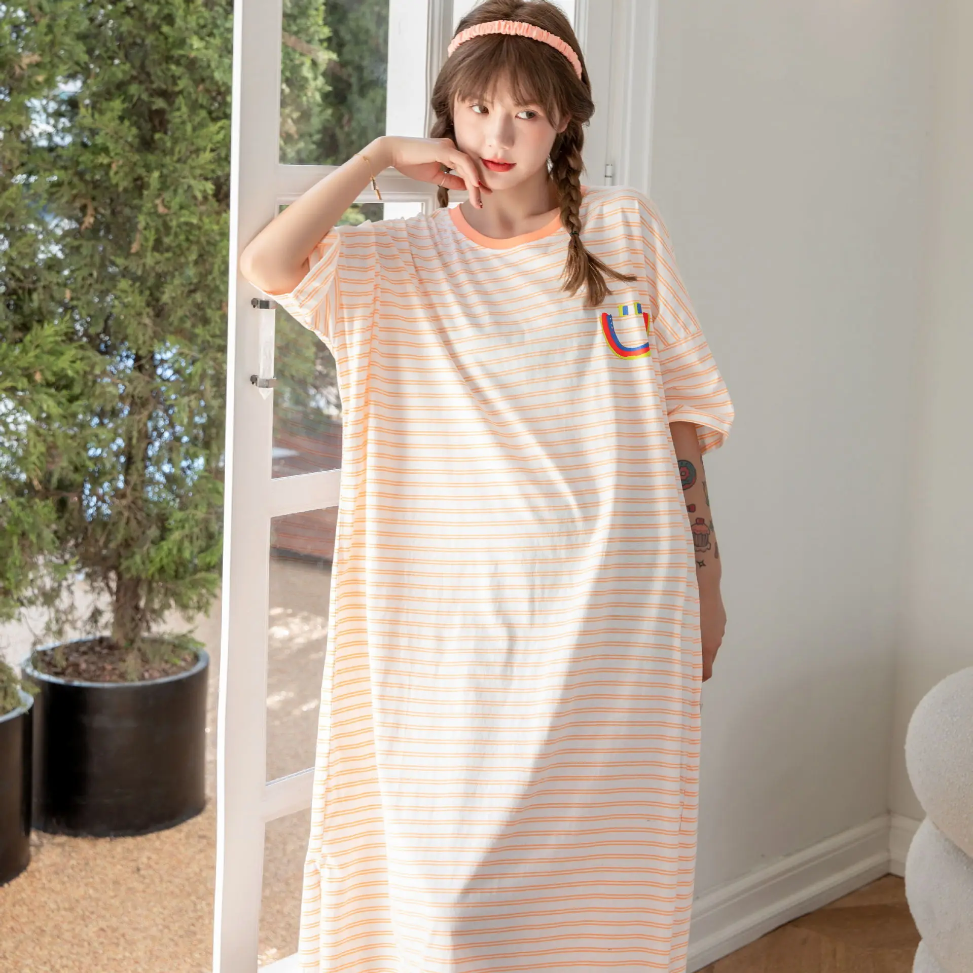 Women's Summer Night Dress Rainbow 100% Cotton Nightdress Plus Size Color Nightwear Long Home Clothes Short Striped Nightgowns
Women's Summer Night Dress Rainbow 100% Cotton Nightdress Plus Size Color Nightwear Long Home Clothes Short Striped Nightgowns