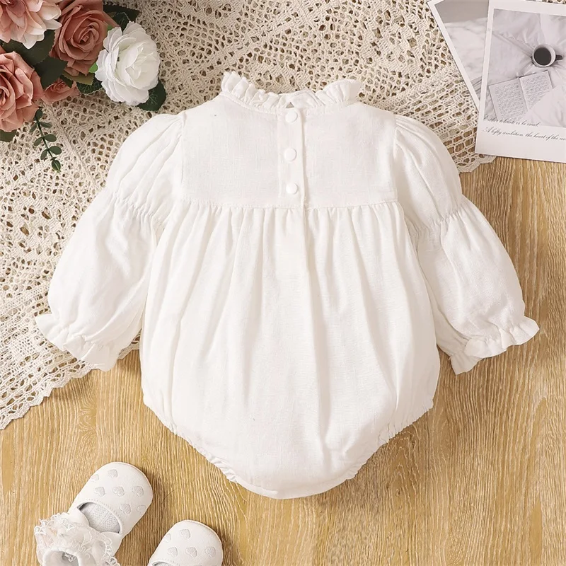 

Baby Girl Bubble Romper Long Sleeve Romper Ruffled Solid Color Mock Neck Bodysuit Newborn Fall Clothes