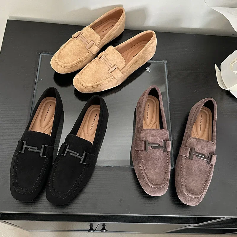 Туфли женские с круглым носком, однотонные лоферы, мягкая подошва, плоская подошва, замша, Корейская версия 
Туфли женские с круглым носком, однотонные лоферы, мягкая подошва, плоская подошва, замша, Корейская версия