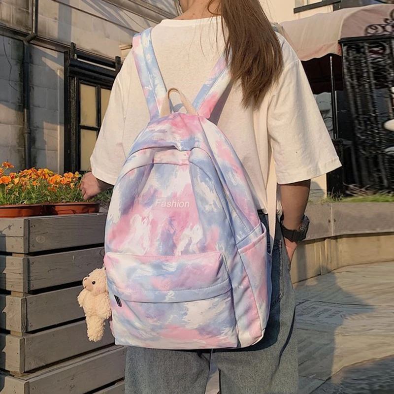 

Women Cute Funny Backpack with Plush Bear Pendant Big Capacity Gradient Tie Dye Campus Students Girl Casual Knapsack School Bag