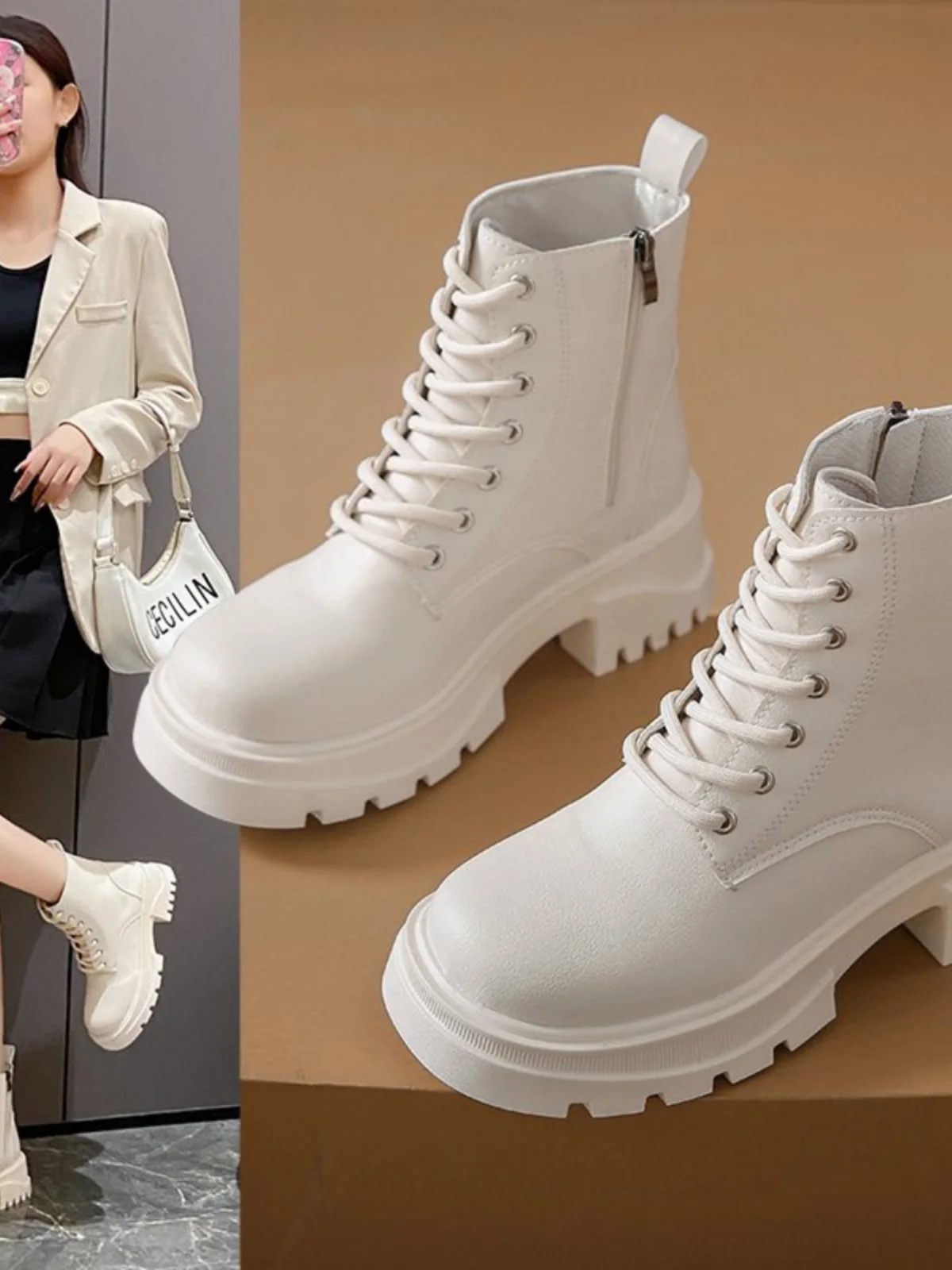 

Women's Rubber Boots Shoes Boots-Women Round Toe Lace Up Luxury Designer Winter Footwear Rain 2023 Autumn Med Ankle Rock Lolita