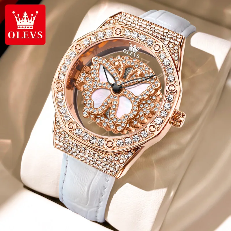 

OLEVS 9996 Brand New Quartz Watch for Women Luxury 3D Rotation Dial All Diamond Ladies Wristwatch Elegant Leather Girls Watch