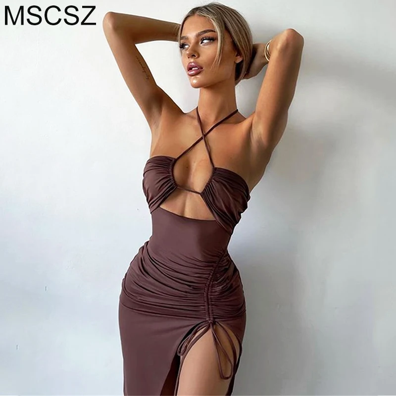 

Criss Cross Halter Backless Maxi Dress Cut Out Drawstring Ruched Bodycon Long Dress With Slit Sexy Night Club Party Dress Women