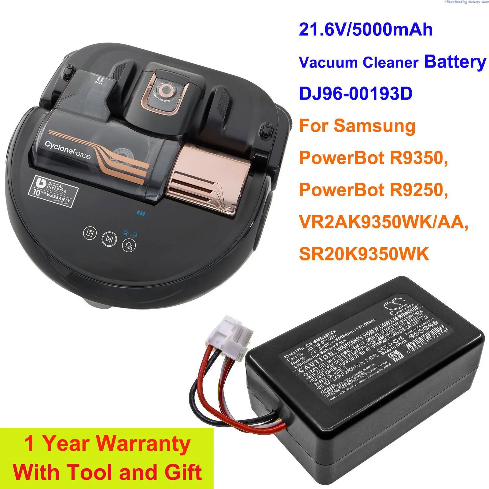 

GreenBattery21.6V/5000mAh Vacuum Cleaner Battery DJ96-00193D for Samsung PowerBot R9350, R9250, VR2AK9350WK/AA, SR20K9350WK