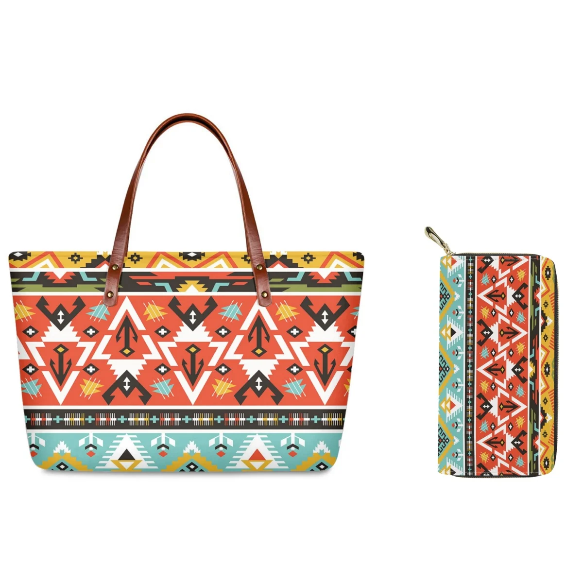 

FORUDESIGNS 2Pcs/Set Women's Tote Bags Aztec Pattern Motifs Ethnic Leather Purses Ladies Hand Bag Southwest Colors Shopping