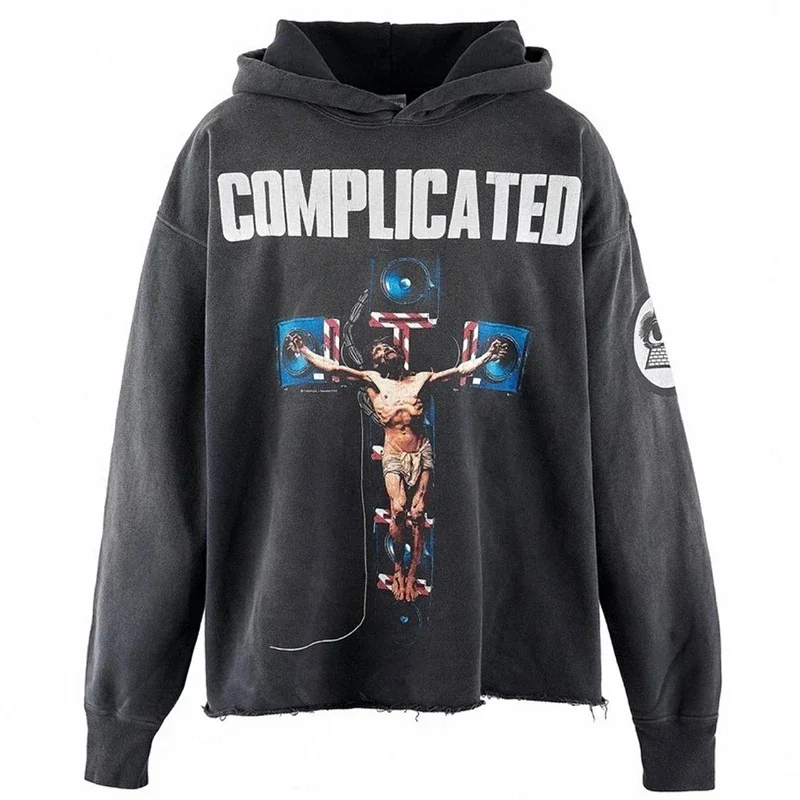 

New Trendy Washed Old Men's and Women's Hoodies SAINT MICHAEL Latest Damaged Zipper Washed Black Vintage Hoodie