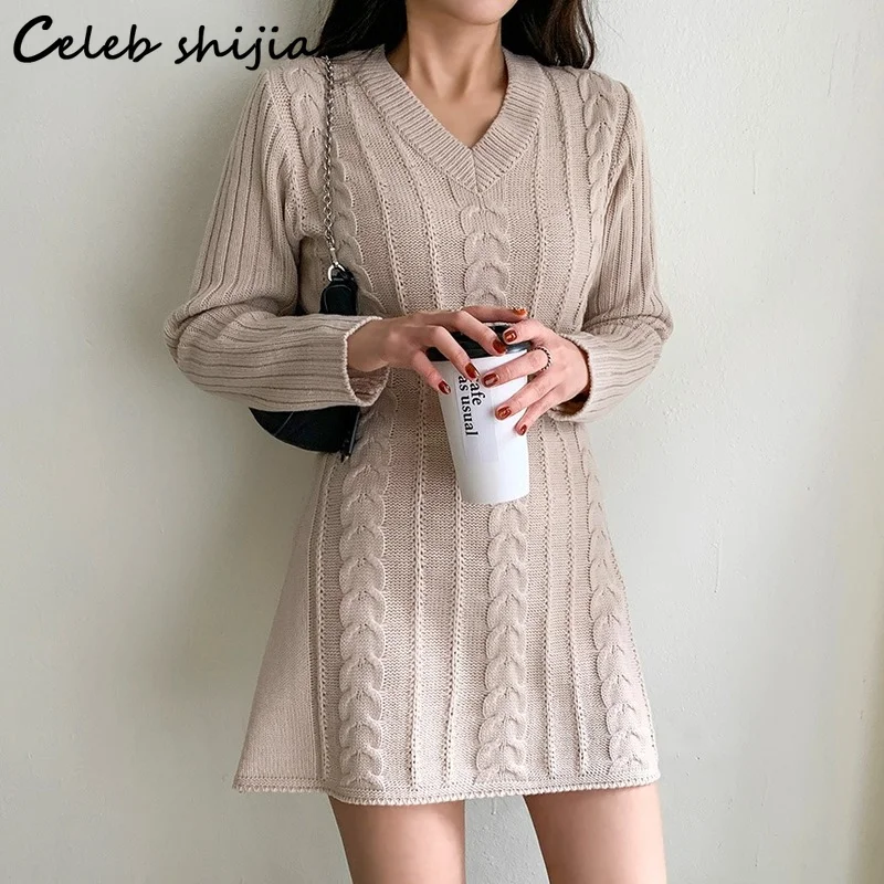 

Chic Elegant V-neck Woman Knit Dress Apricot Autumn New Korean Mini Dresses Sweater Vestido Twist Knitwear Ladies Winter