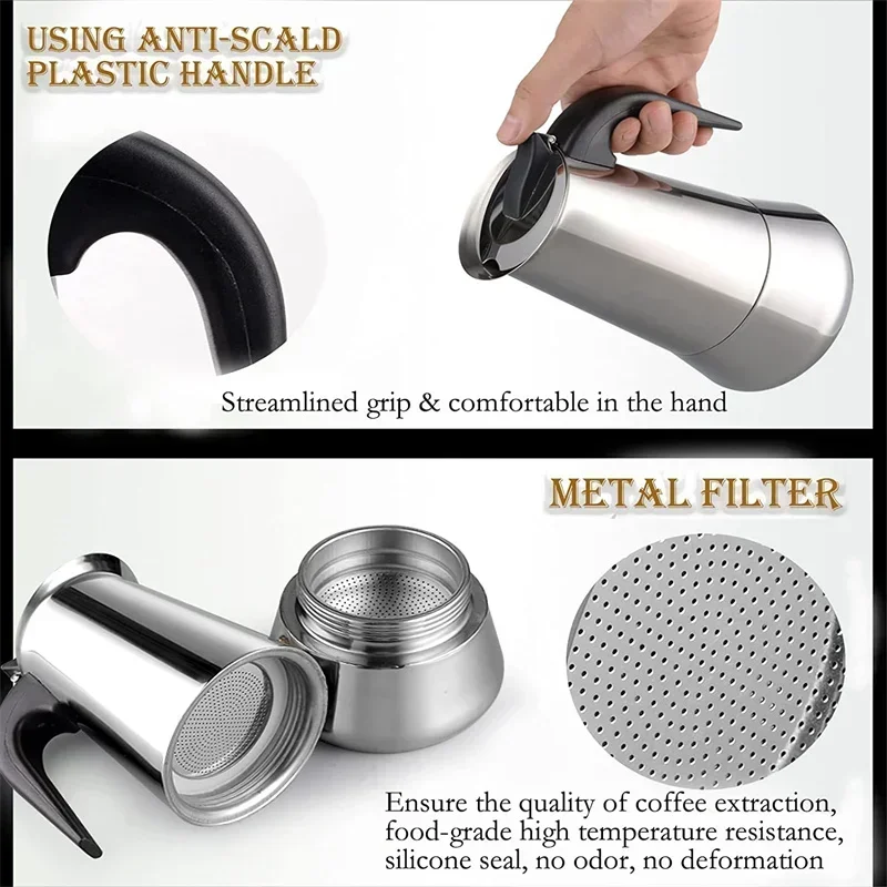 Filter Steel Pot Tool Percolator Maker Italian Stainless Moka Espresso Coffee 200/300/450/600ml
Filter Steel Pot Tool Percolator Maker Italian Stainless Moka Espresso Coffee 200/300/450/600ml
