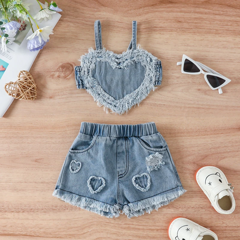 

Baby Girls 2-Pieces Demin Shorts Outfits Sleeveless Heart Camisole and Elastic Ripped Elastic Pants Bottoms Clothes