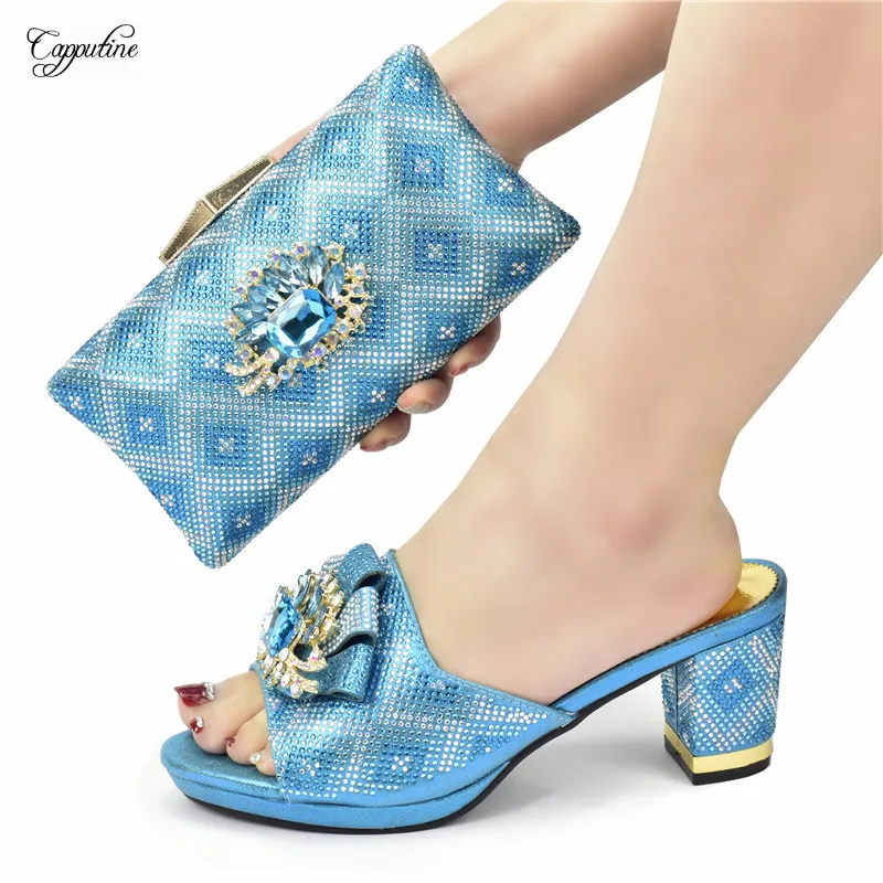 

Sky Blue Women Platform Shoes And Bag Set To Match Luxury African Summer Slippers With Handbag Set Clutch Pumps 938-41 7CM