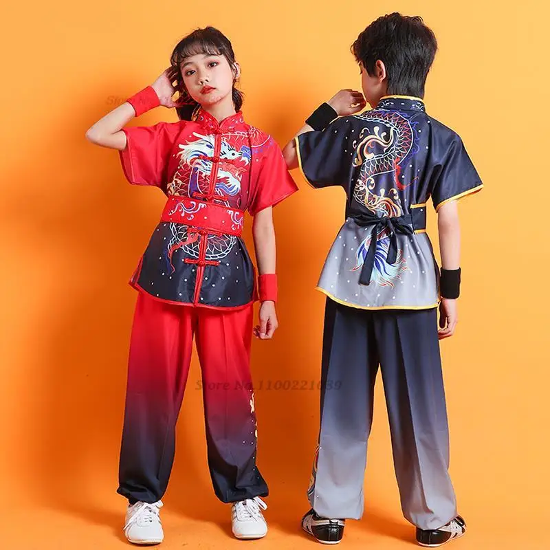 

2024 chinese children tai chi wushu clothing dragon print martial arts suit kung fu uniform wing chun shaolin chinese kungfu set