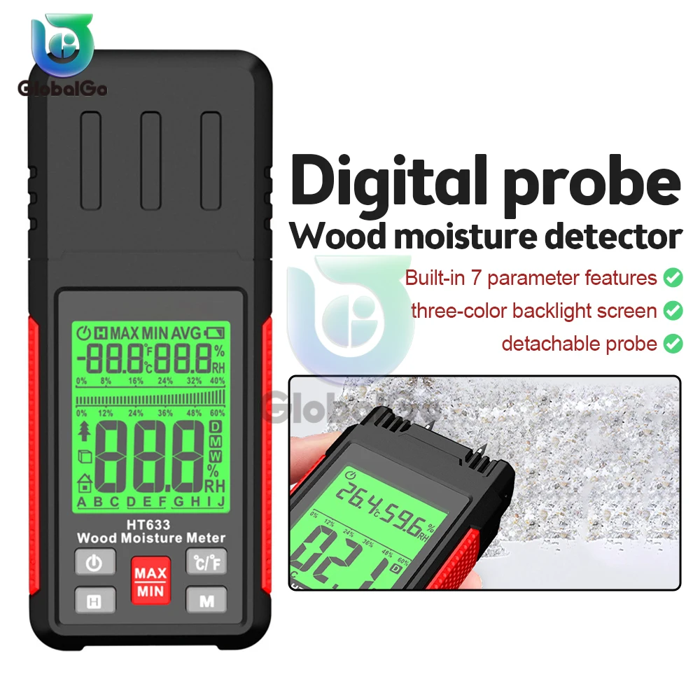 

HT633 Digital Wood Moisture Meter Wood Humidity Tester Hygrometer Timber Damp Detector with LCD Backlight Display