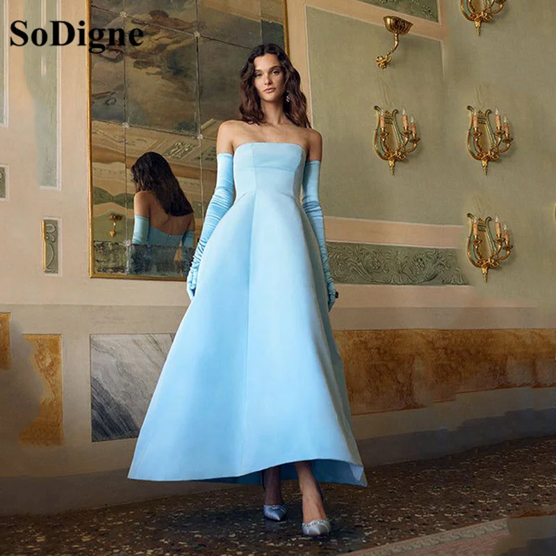 

SoDigne Sky Blue Simple Satin Evening Dresses 2023 Celebrate Wedding Event Formal Dress Dubai Prom Party Gowns Women