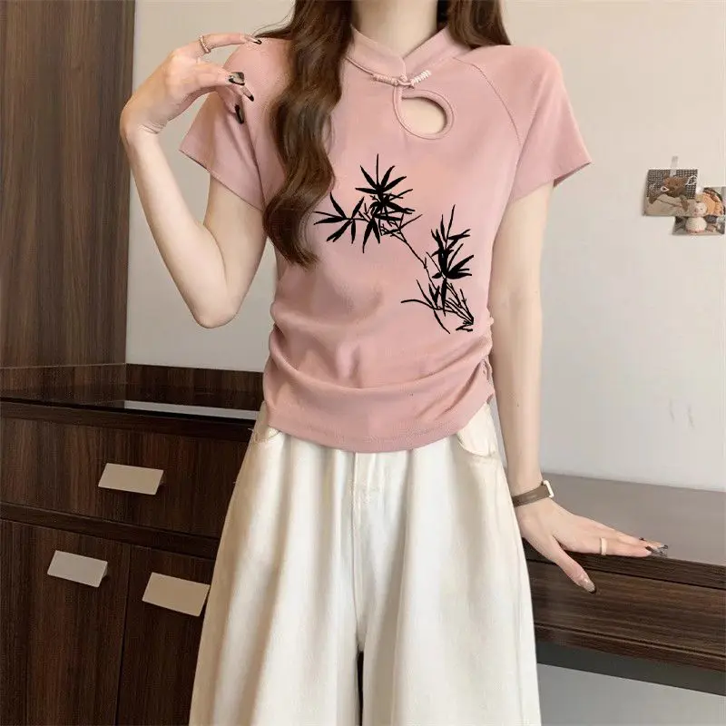 

New Summer Slim Tshirt Women Short Sleeve Tie-dyed Black Color Cotton Embroidery T-shirt Lady Casual T Shirt Hot Sale Chic Q134