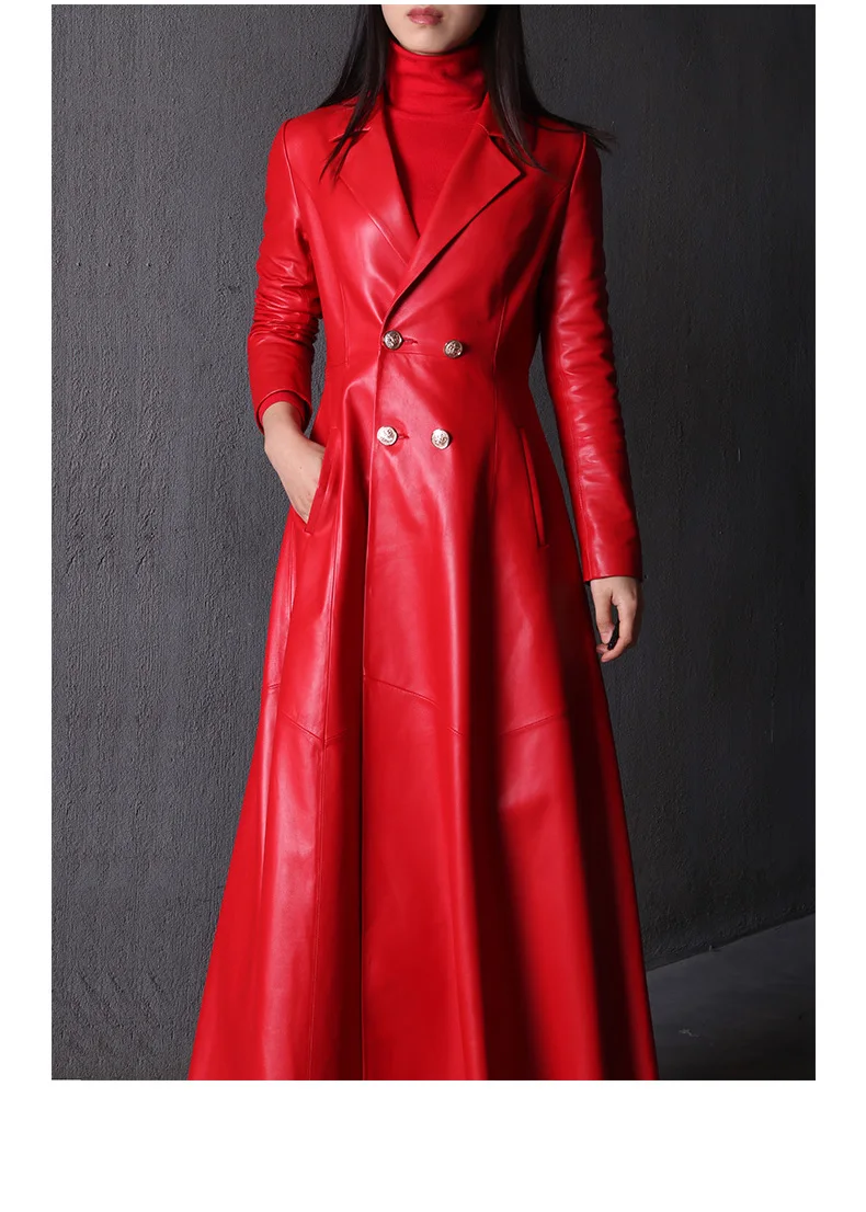 

Autumn Long Skirted Red Black Faux Leather Trench Coat for Women Double Breasted Elegant Luxury Fashion 4xl 5xl 6xl 7xl 2024