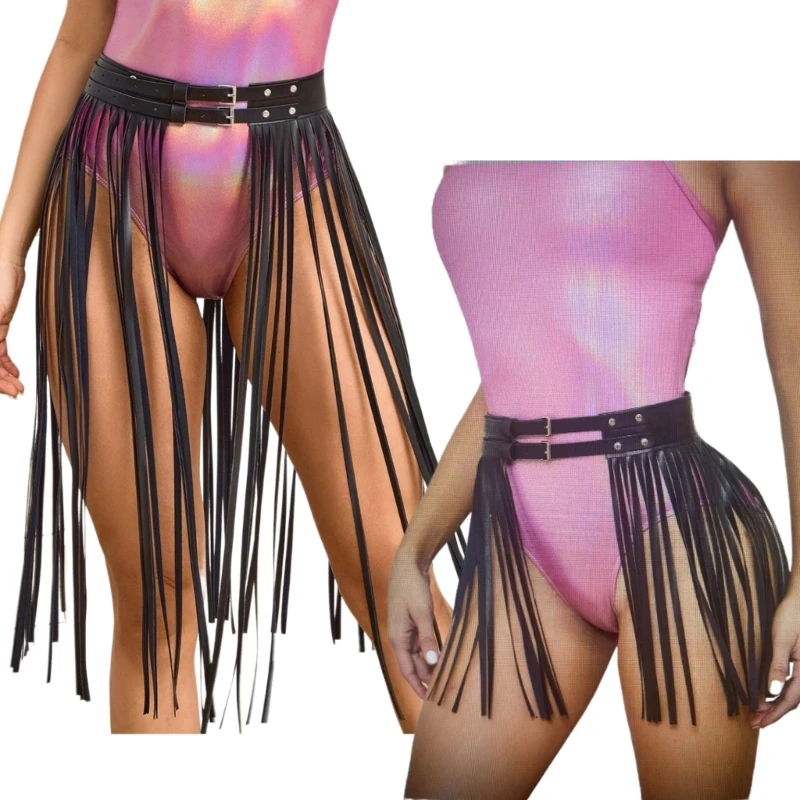 

Women Punk PU Leather Tassels Hip Skirt Latin Dance Goth Party Double Buckled Waist Belts Fringed Long Swing Drop Shipping