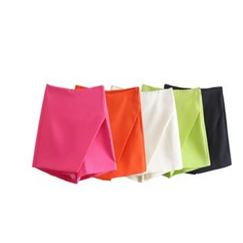 

New Women Fashion Candy Color Asymmetrical Shorts Skirts Lady Zipper Fly Pockets Hot Shorts Chic Pantalone Cortos