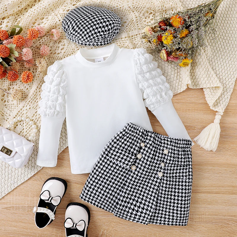 

4-7Y Kid Girl Fall 3Pcs Outfit Long Sleeve Round Neck Tops Houndstooth Skirt Beret Set Elegant Fashion Children Clothes Set