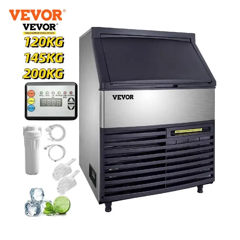 

VEVOR Commercial Cube Ice Maker 120/145/200 KG/24H Freestanding Auto Clean Liquid Freezer Ice Generator Machine Home Appliance