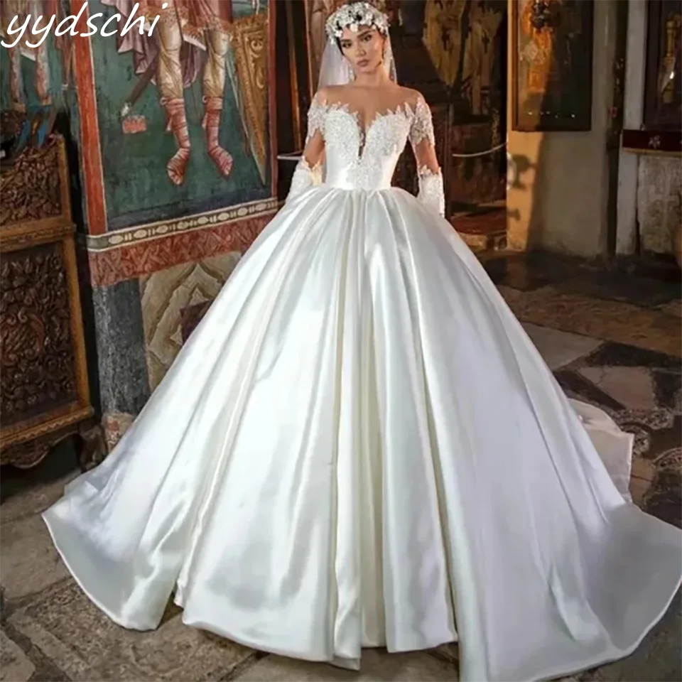 Luxury Princess Beaded Sweetheart Long Sleeves Satin Ball Gown Wedding Dresses 2024 Backless Court Train Bridal Gown For Women 
Luxury Princess Beaded Sweetheart Long Sleeves Satin Ball Gown Wedding Dresses 2024 Backless Court Train Bridal Gown For Women