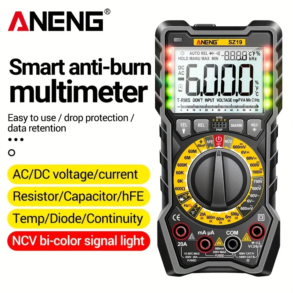 

ANENG SZ19 6000 Counts Digital Multimeter True RMS AC/DC Voltage Current Meter Ohm Hz Capacitance NCV Detector Analog Tester