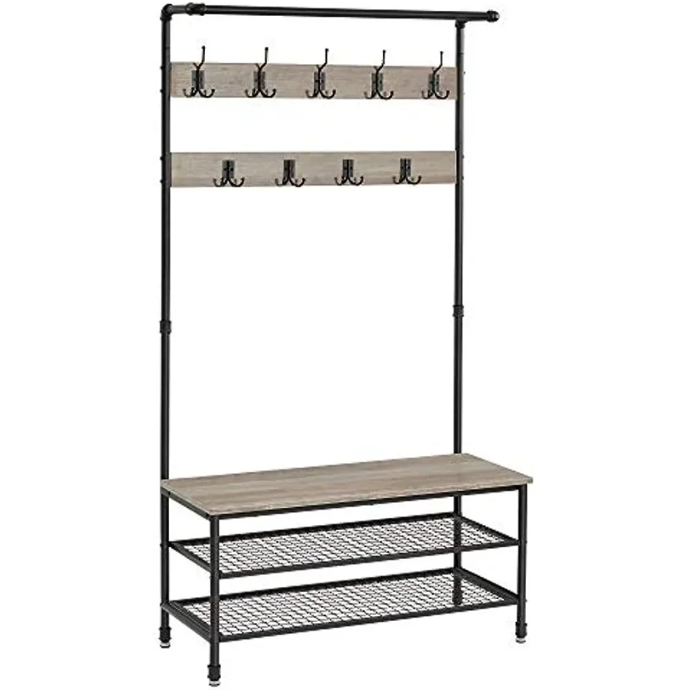 

VASAGLE Industrial Coat Shoe Rack Hall Tree with 9 Hooks, Steel Frame Pipe Style, 39.4 x 16.3 x 71.7 inches, Greige