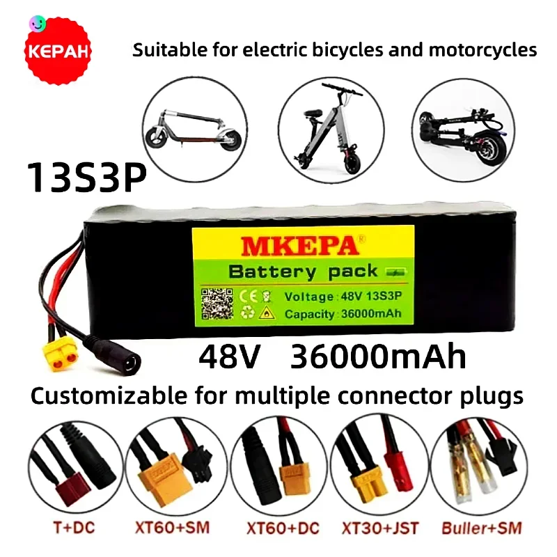 

48V 36Ah 1000W 13S3P lithium-ion battery pack, suitable for 54.6V electric bicycles and skateboards with BMS+52.6V 2A charger