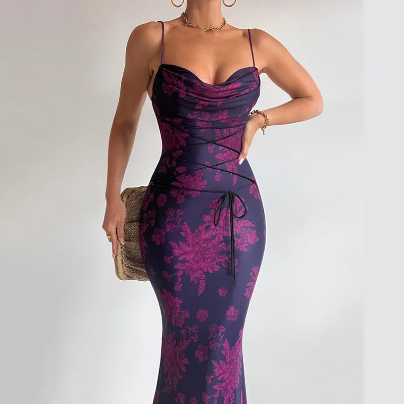 

2024 Elegant Off Shoulder Suspenders Dress Women Fashion Print Crossover Bandage Long Dress Sexy Sleeveless Backless Party Dress