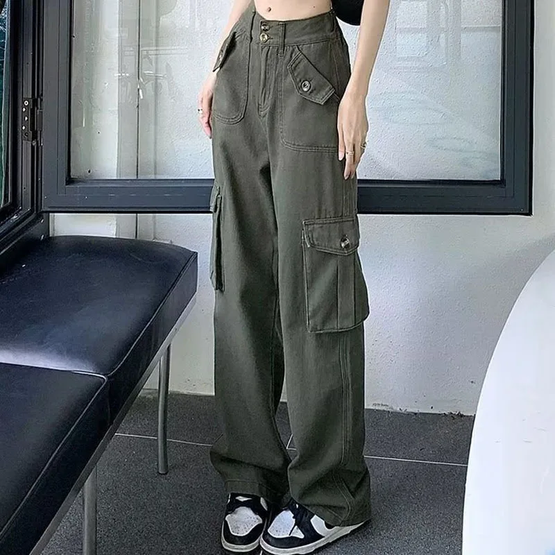 

Spring Korean Fashion Baggy Y2k Denim Trousers Pocket Design Vintage Cargo Pants Pure Color High Waist Slim Jean Woman
