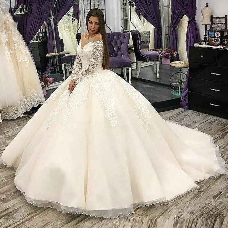 

Lorencia Sexy Long Sleeve A Line Wedding Dress Sweetheart Lace Appliques Beading Bridal Gowns For Women Vestido De Noiva YAW14