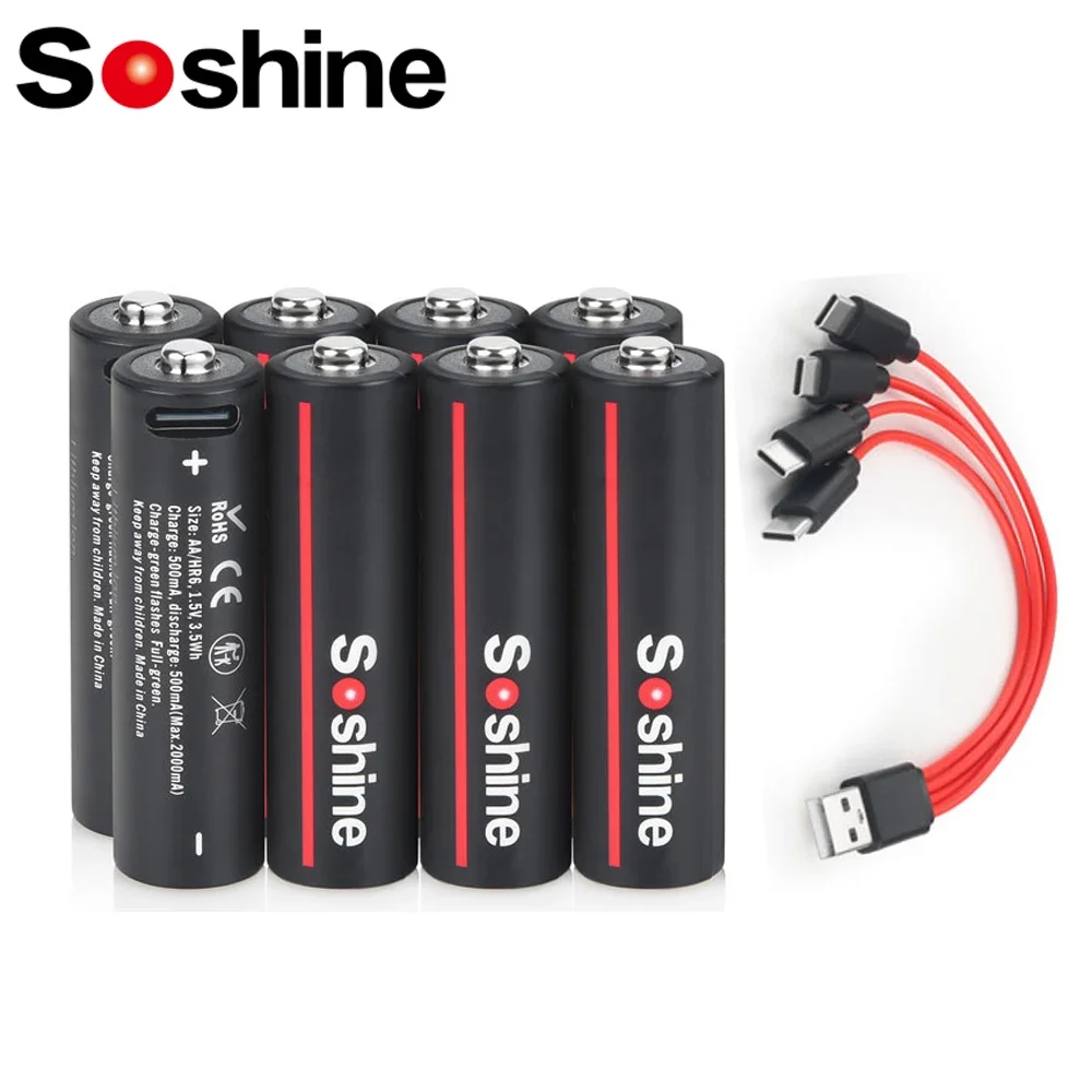 

Soshine 1.5V USB 3500mWh Lithium Battery AA Rechargeable Batteries with 4-in-1 USB Cable for Smoke Detector Game Machine Camera