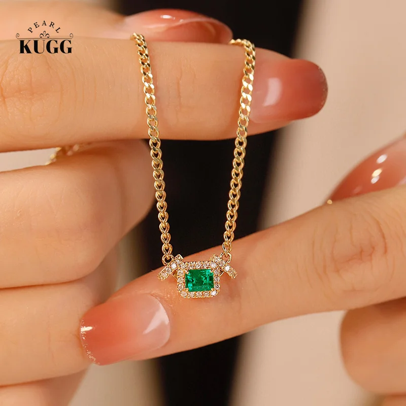 

KUGG 18K Yellow Gold Necklace Fashion Cuban Chain Design Real Diamond Natural Emerald Gemstone Necklace Shiny Bracelet for Women